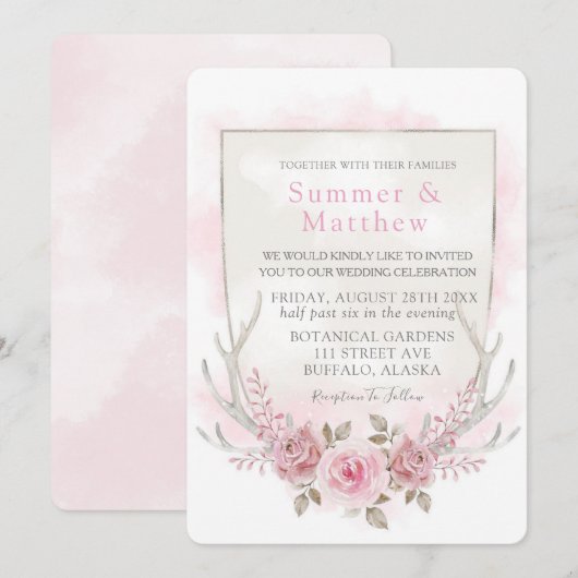 Land Roze Grijs Pioen Herten Geweien Bruiloft Kaart (Voorkant / Achterkant)