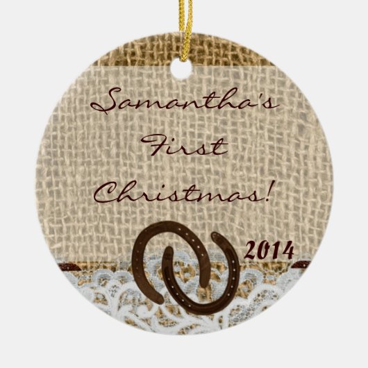 Land Rustic Burlap - Gepersonaliseerde naamgeving Keramisch Ornament (Voorkant)