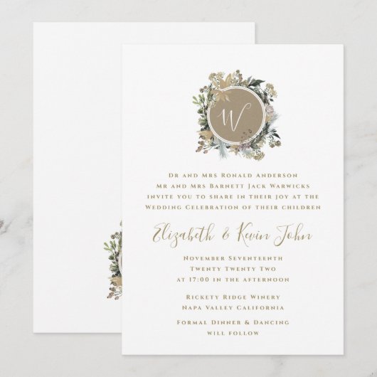 Land Rustic Floral Monogram Wreath Wedding Kaart (Voorkant / Achterkant)