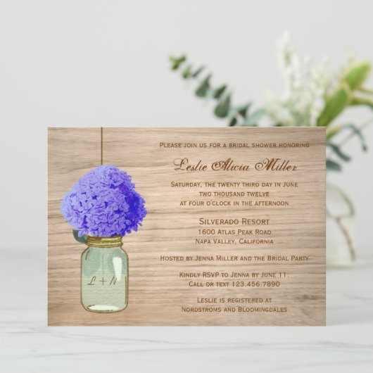 Land Rustic Mason Jar Cornflower Blue Hydrangea Kaart (Staand voorkant)
