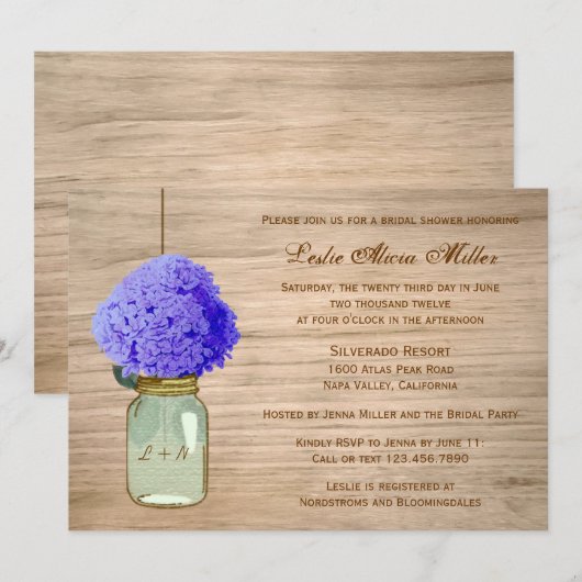 Land Rustic Mason Jar Cornflower Blue Hydrangea Kaart (Voorkant / Achterkant)