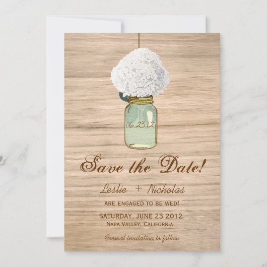 Land Rustic Mason Jar Hydrangea behalve datum Save The Date (Voorkant)
