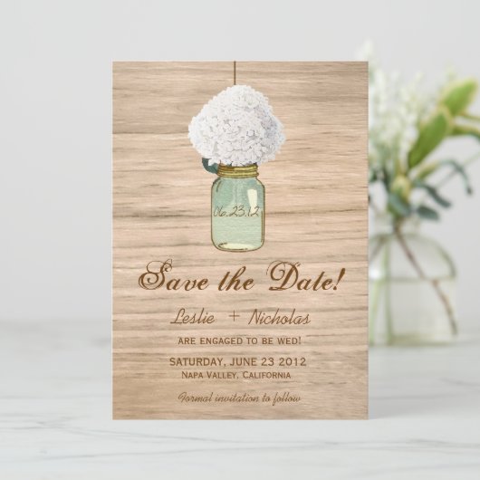 Land Rustic Mason Jar Hydrangea behalve datum Save The Date (Staand voorkant)