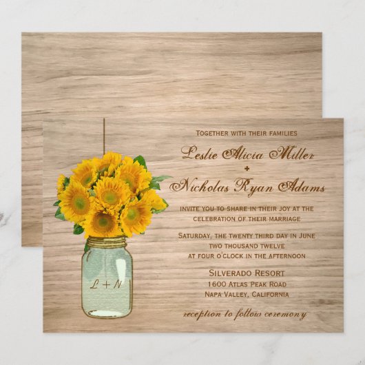 Land Rustic Mason Jar Sunflower Weddenschap Kaart (Voorkant / Achterkant)