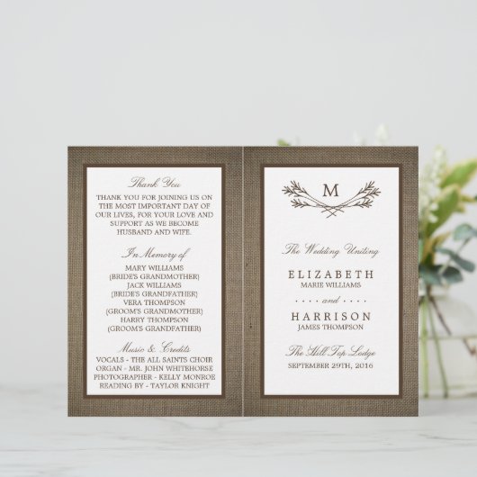 Land Rustic Monogram Branch & Burlap Wedding (Staand voorkant)