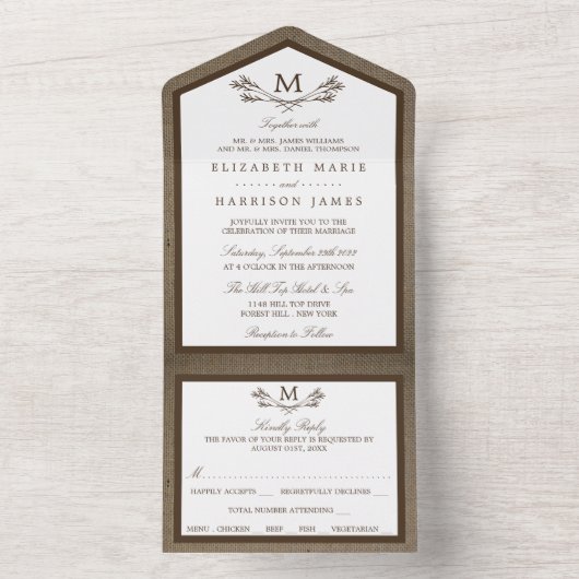 Land Rustic Monogram Branch & Burlap Wedding All In One Uitnodiging (Binnen)