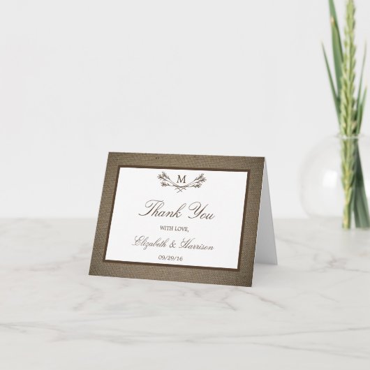 Land Rustic Monogram Branch & Burlap Wedding Bedankkaart (Voorkant)