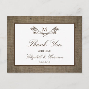 Land Rustic Monogram Branch & Burlap Wedding Briefkaart