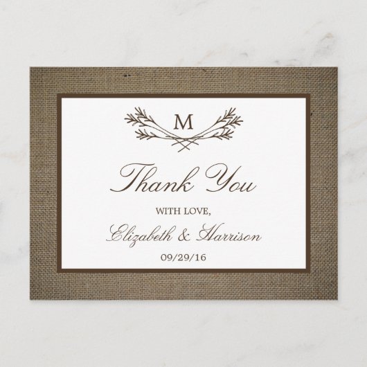 Land Rustic Monogram Branch & Burlap Wedding Briefkaart (Voorkant)