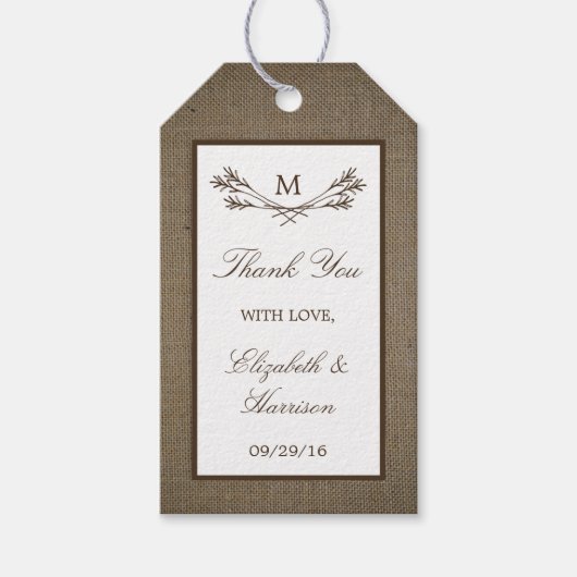 Land Rustic Monogram Branch & Burlap Wedding Cadeaulabel (Voorkant)