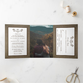 Land Rustic Monogram Branch & Burlap Wedding Drieluik Uitnodiging