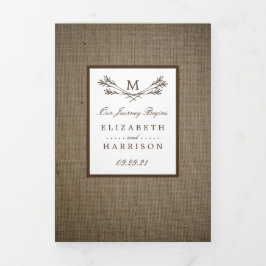 Land Rustic Monogram Branch & Burlap Wedding Drieluik Uitnodiging