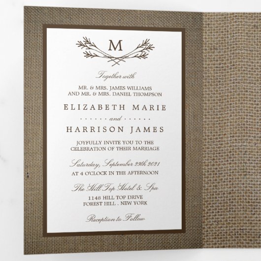 Land Rustic Monogram Branch & Burlap Wedding Drieluik Uitnodiging (Binnenzijde eerst)