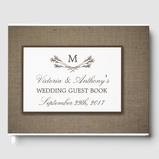Land Rustic Monogram Branch & Burlap Wedding Gastenboek (Voorkant)