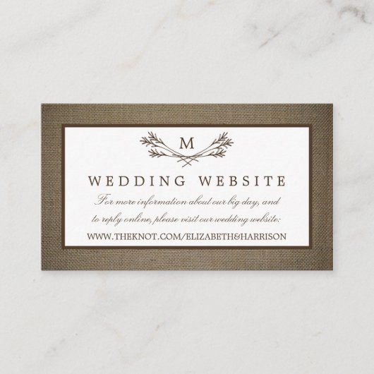 Land Rustic Monogram Branch & Burlap Wedding Informatiekaartje (Voorkant)