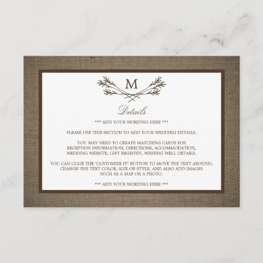Land Rustic Monogram Branch & Burlap Wedding Informatiekaartje (Voorkant)