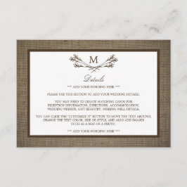 Land Rustic Monogram Branch & Burlap Wedding Informatiekaartje