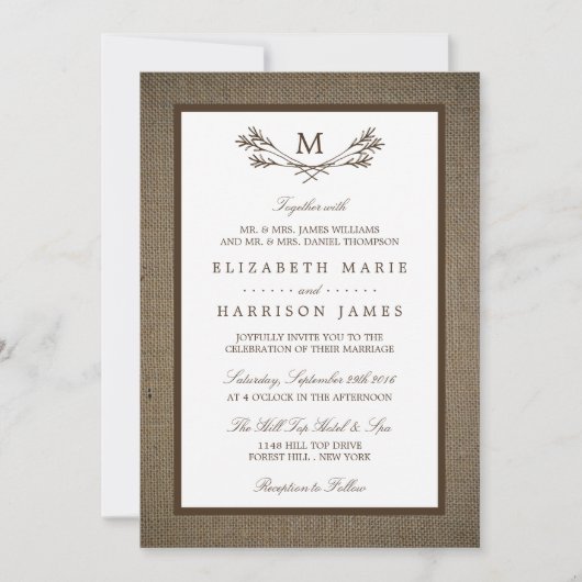 Land Rustic Monogram Branch & Burlap Wedding Kaart (Voorkant)