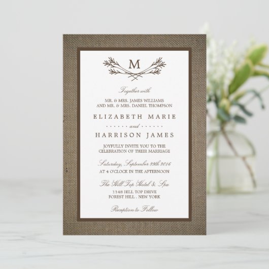 Land Rustic Monogram Branch & Burlap Wedding Kaart (Staand voorkant)