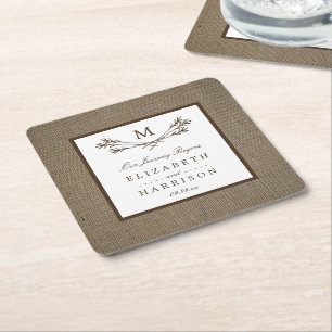 Land Rustic Monogram Branch & Burlap Wedding Kartonnen Onderzetters