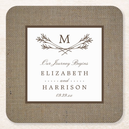 Land Rustic Monogram Branch & Burlap Wedding Kartonnen Onderzetters (Voorkant)
