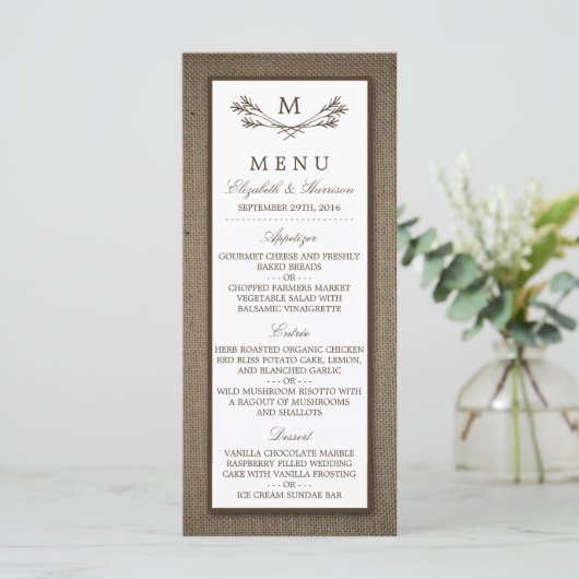 Land Rustic Monogram Branch & Burlap Wedding Menu (Staand voorkant)
