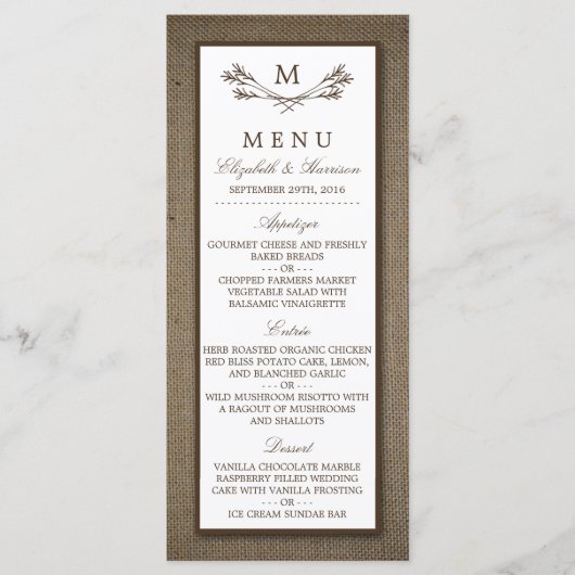 Land Rustic Monogram Branch & Burlap Wedding Menu (Voorkant)