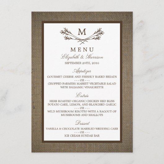 Land Rustic Monogram Branch & Burlap Wedding Menu (Voorkant)