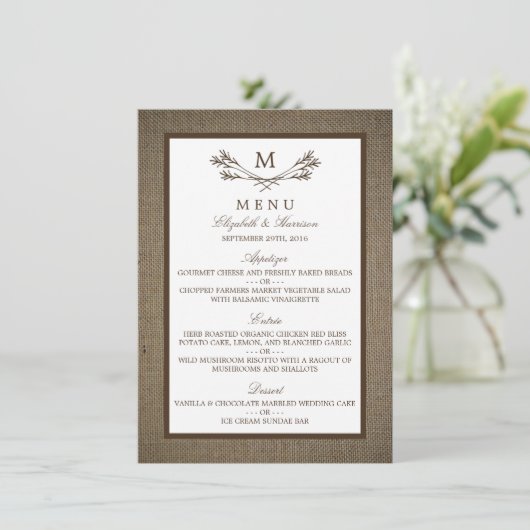 Land Rustic Monogram Branch & Burlap Wedding Menu (Staand voorkant)
