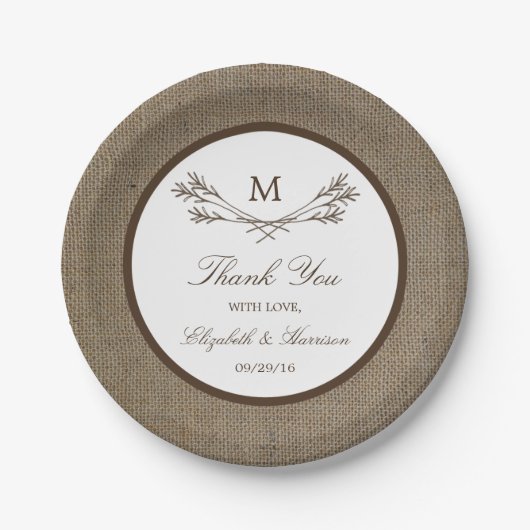 Land Rustic Monogram Branch & Burlap Wedding Papieren Bordje (Voorkant)