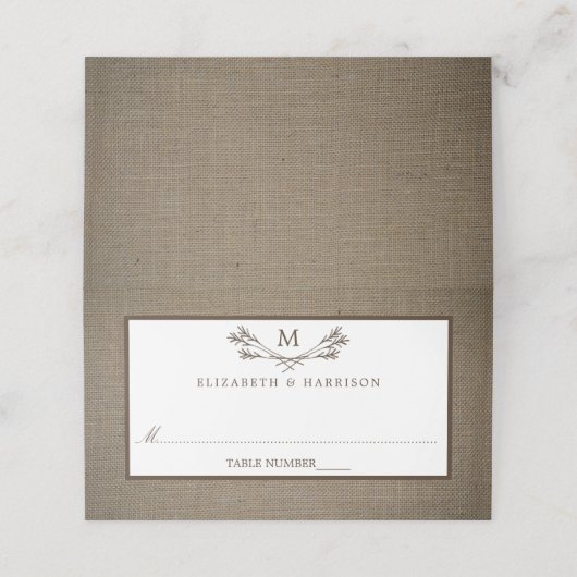 Land Rustic Monogram Branch & Burlap Wedding Plaatskaartje (Buitenkant ongevouwen)
