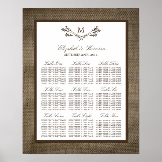 Land Rustic Monogram Branch & Burlap Wedding Poster (Voorkant)