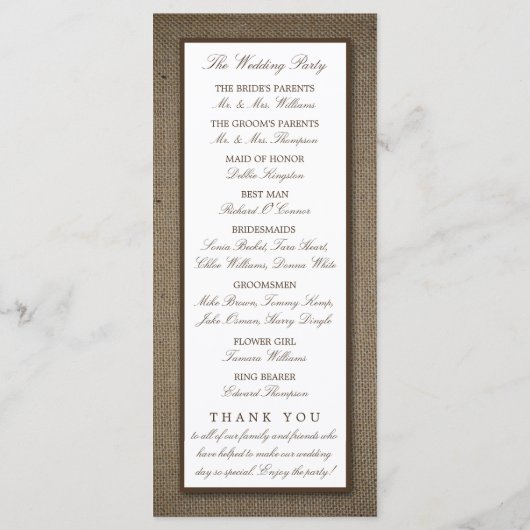 Land Rustic Monogram Branch & Burlap Wedding Programmakaart (Achterkant)
