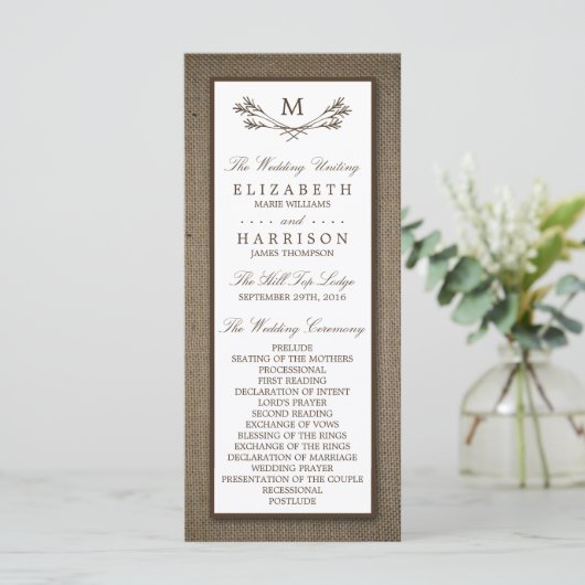 Land Rustic Monogram Branch & Burlap Wedding Programmakaart (Staand voorkant)