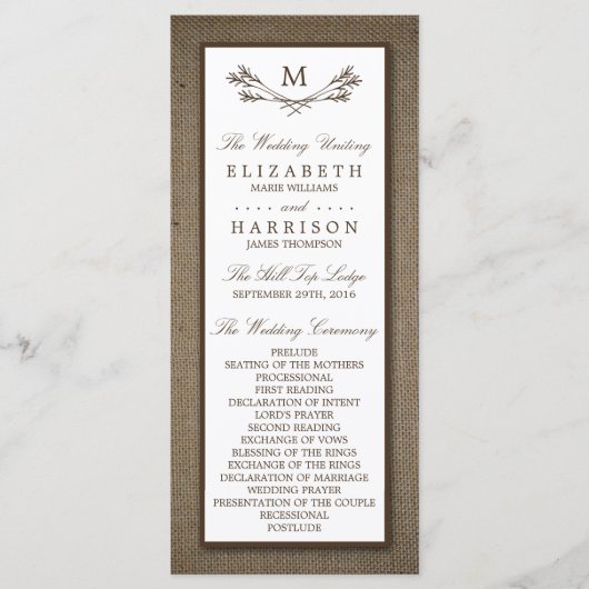 Land Rustic Monogram Branch & Burlap Wedding Programmakaart (Voorkant)
