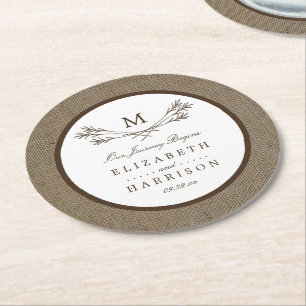 Land Rustic Monogram Branch & Burlap Wedding Ronde Kartonnen Onderzetter
