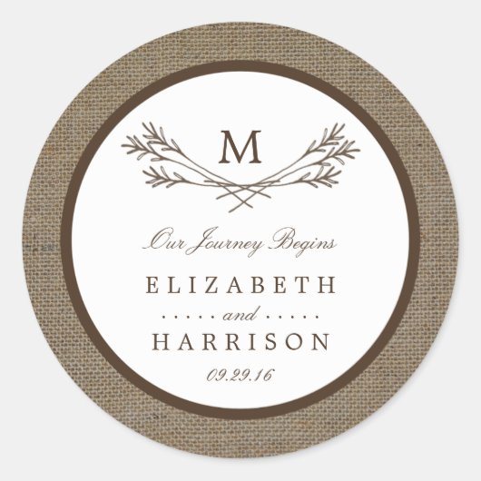 Land Rustic Monogram Branch & Burlap Wedding Ronde Sticker (Voorkant)