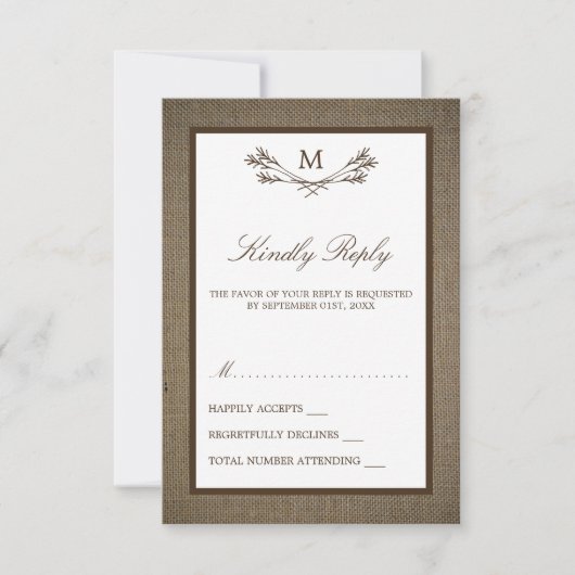 Land Rustic Monogram Branch & Burlap Wedding RSVP Kaartje (Voorkant)