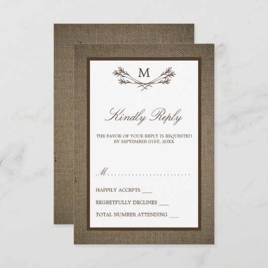 Land Rustic Monogram Branch & Burlap Wedding RSVP Kaartje (Voorkant / Achterkant)