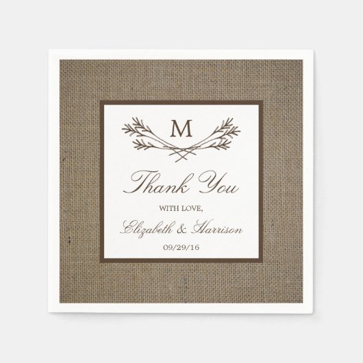 Land Rustic Monogram Branch & Burlap Wedding Servet (Voorkant)
