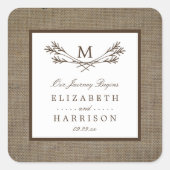 Land Rustic Monogram Branch & Burlap Wedding Vierkante Sticker (Voorkant)