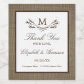 Land Rustic Monogram Branch & Burlap Wedding Wijn Etiket (Enkel label)