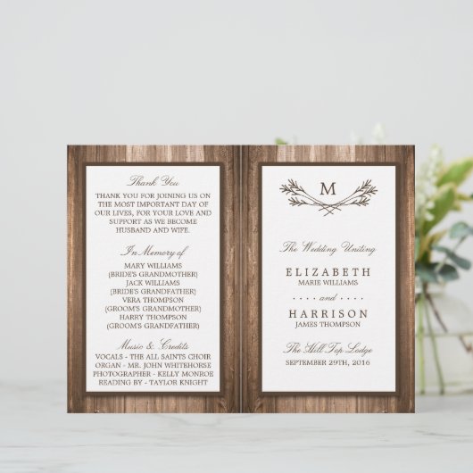 Land Rustic Monogram Branch & Wood Weddenschap (Staand voorkant)