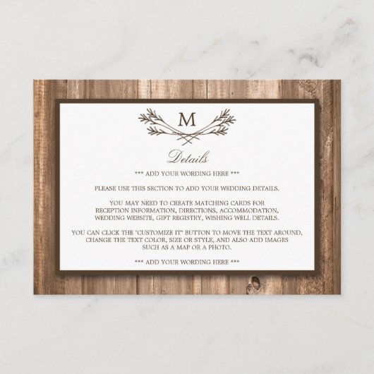Land Rustic Monogram Branch & Wood Weddenschap Informatiekaartje (Voorkant)