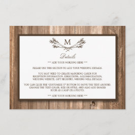 Land Rustic Monogram Branch & Wood Weddenschap Informatiekaartje