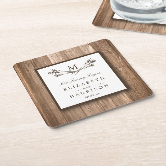 Land Rustic Monogram Branch & Wood Weddenschap Kartonnen Onderzetters (Schuin)