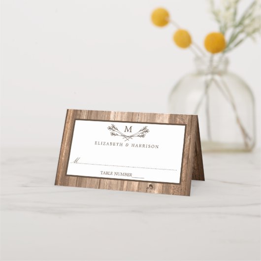 Land Rustic Monogram Branch & Wood Weddenschap Plaatskaartje (Voorkant)