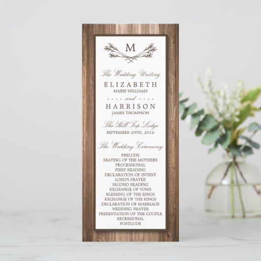 Land Rustic Monogram Branch & Wood Weddenschap Programmakaart (Staand voorkant)