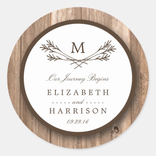 Land Rustic Monogram Branch & Wood Weddenschap Ronde Sticker (Voorkant)