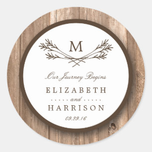 Land Rustic Monogram Branch & Wood Weddenschap Ronde Sticker